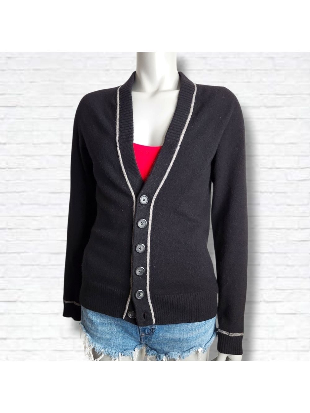 White + Warren Black Varsity White Trim Cashmere V Neck Cardigan Size S